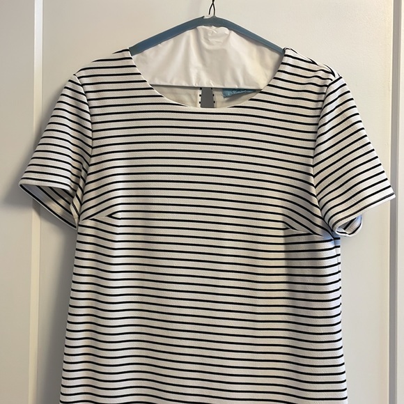 Black and white striped short sleeved dress with black lace on the bottom - Picture 5 of 6